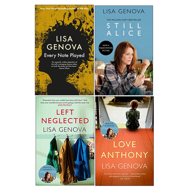 Four paperback fiction books by Lisa Genova including Every Note Played, Still Alice, Left Neglected, and Love Anthony.