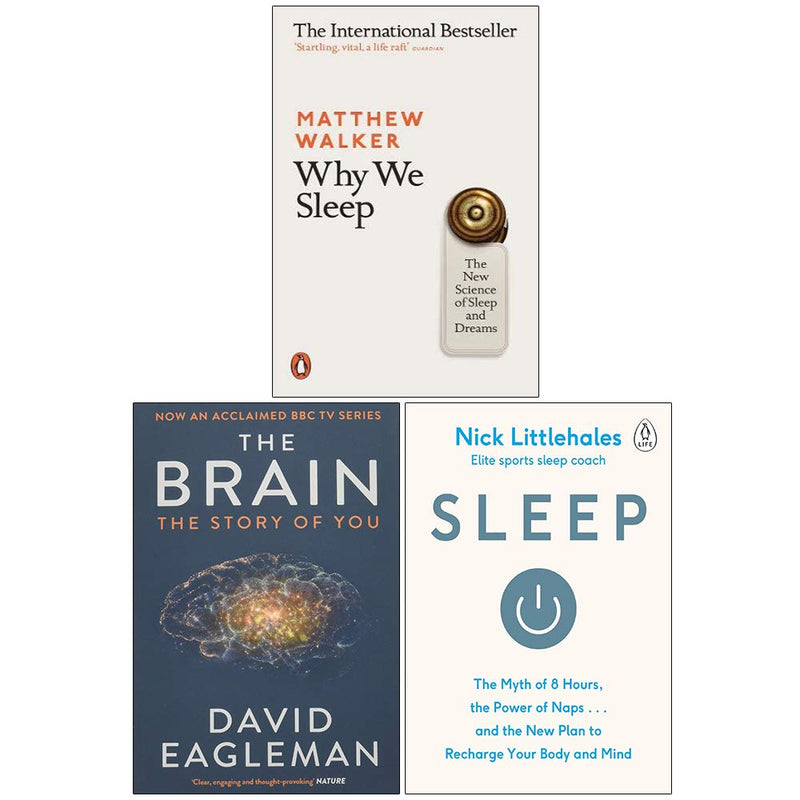 Collection of three paperback non-fiction books on sleep, the brain, and self, by Matthew Walker and David Eagleman, published by Penguin/Canongate.