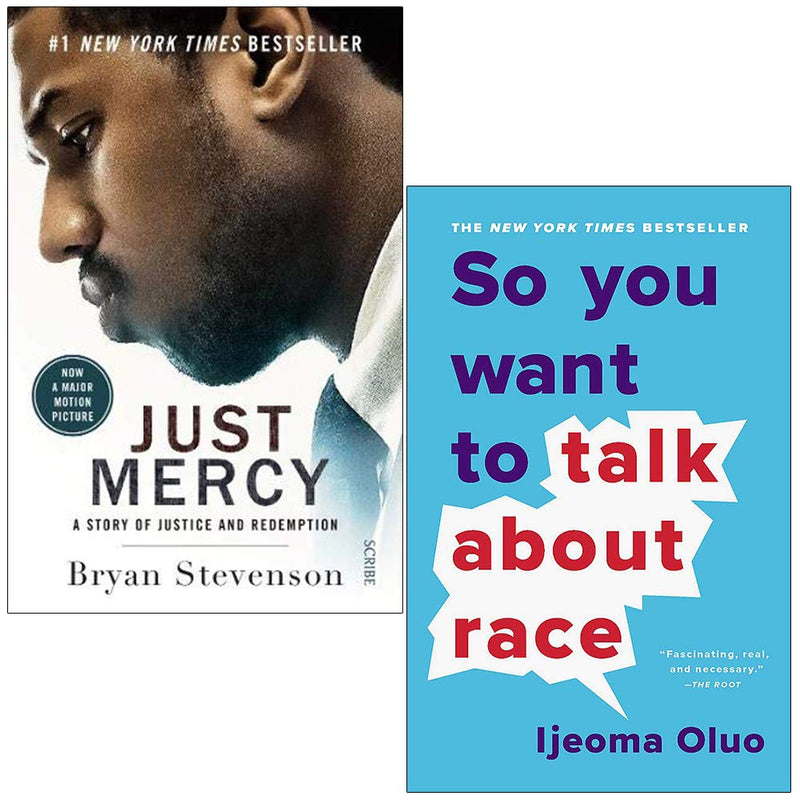 Paperback collection of "Just Mercy" by Bryan Stevenson and "So You Want to Talk About Race" by Ijeoma Oluo, non-fiction books set.