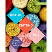 Open paperback of the Ultimate Knitting Bible by Sharron Bhatt, featuring detailed knitting patterns and instructional pages.