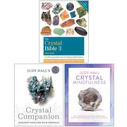 The Crystal Bible 3 book collection by Judy Hall, featuring colorful crystal illustrations and detailed descriptions on paperback covers.