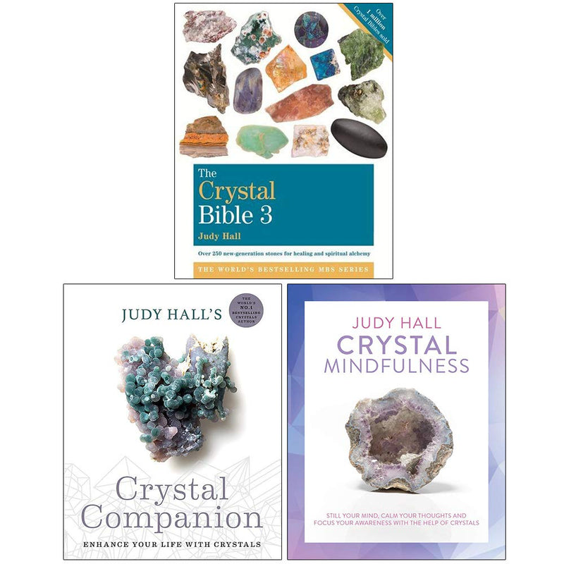 The Crystal Bible 3 book collection by Judy Hall, featuring colorful crystal illustrations and detailed descriptions on paperback covers.