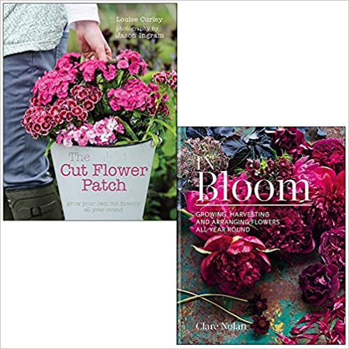 Set of two hardcover books, The Cut Flower Patch and In Bloom by Clare Nolan and Louise Curley, featuring floral gardening illustrations.