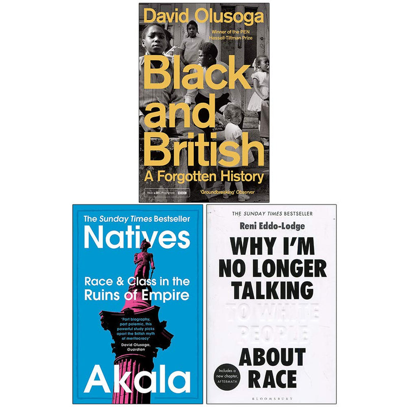 Set of three paperback books by Akala including "Black And British," "Natives," and "Why I'm No Longer Talking To White People About Race."