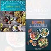 Two hardcover books from Mira Manek's Bowls Of Goodness & Saffron Soul collection by Jacqui Small LLP, featuring colorful cover art.
