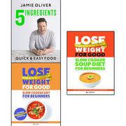 Jamie Oliver 3-book set featuring "5 Ingredients," "Lose Weight For Good," and "Slow Cooker Soup Diet" by Michael Joseph and Iota.