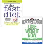 Two paperback books from the Fast Diet collection by Allen Carr and Dr. Michael Mosley, featuring weight loss tips and healthy lifestyle advice.