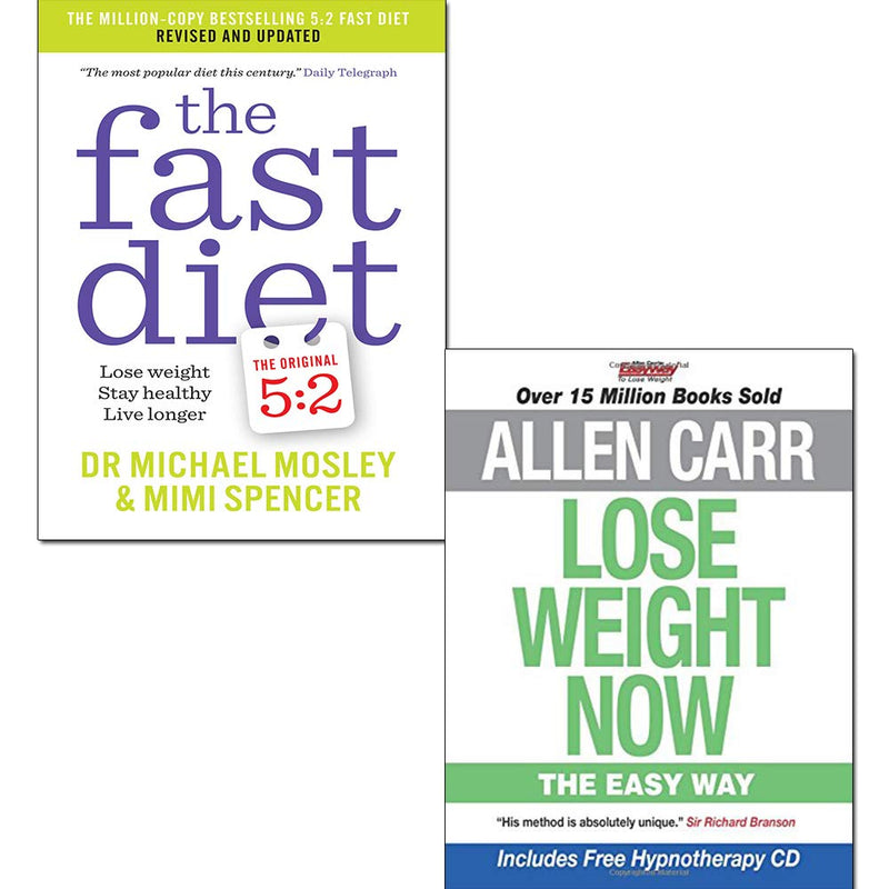Two paperback books from the Fast Diet collection by Allen Carr and Dr. Michael Mosley, featuring weight loss tips and healthy lifestyle advice.