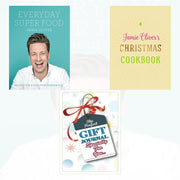Two hardcover cookbooks by Jamie Oliver and Iota, featuring recipes for everyday super foods and Christmas meals.