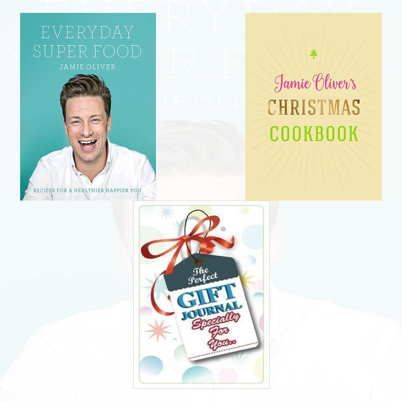 Two hardcover cookbooks by Jamie Oliver and Iota, featuring recipes for everyday super foods and Christmas meals.