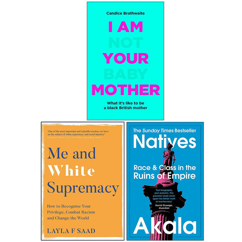 Collection of three nonfiction books by Reni Eddo-Lodge, Waite, and Akala, featuring titles on social justice and race issues.