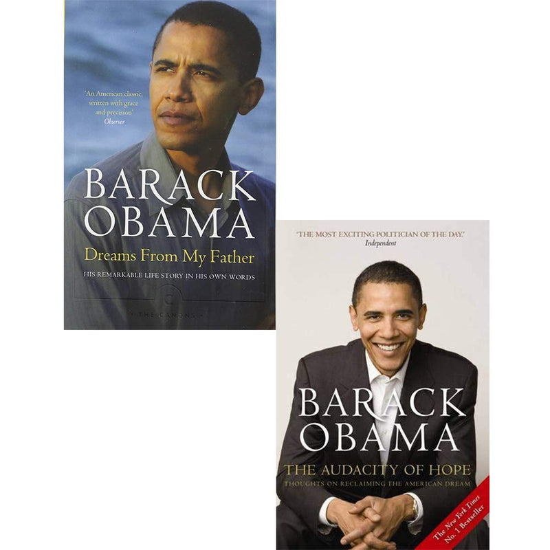 Set of two paperback books by Barack Obama, "Dreams From My Father" and "The Audacity of Hope," published by Canongate Books.