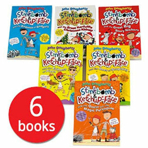 Six paperback books from the Stinkbomb and Ketchup-Face collection by John Dougherty, fiction series by OUP Oxford.