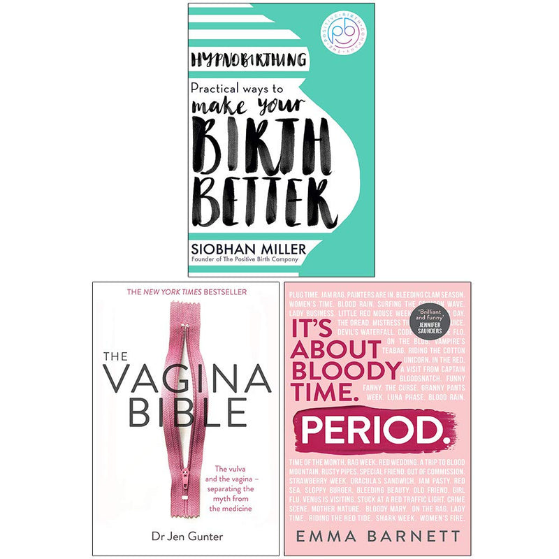 Set of three non-fiction books by Piatkus: Hypnobirthing, The Vagina Bible, and Period, by Miller, Gunter, and Barnett, covers women's health topics.