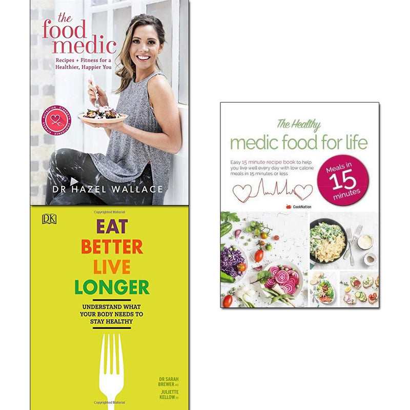 Set of three health and nutrition books by Food Medic, featuring titles by Dr. Sarah Brewer, Dr. Hazel Wallace, and Iota Publishing.