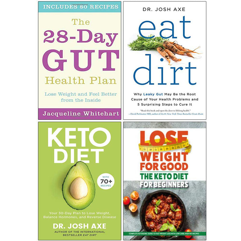 Collection of four paperback health books by Whitehart, Dr. Josh Axe, and Iota on gut health, keto diet, and wellness topics.