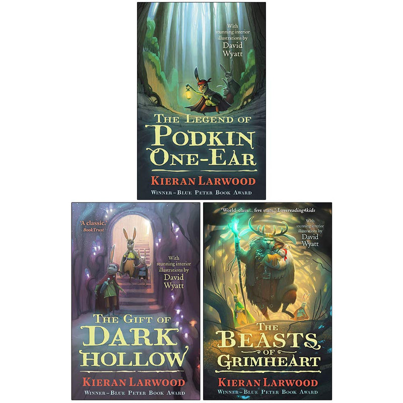 Three paperback books from the Five Realms collection by Kieran Larwood, published by Faber & Faber, featuring colorful cover art.