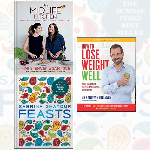 Set of three non-fiction books from The Midlife Kitchen series by Mimi Spencer and Sam Rice, featuring feasts and weight loss tips.