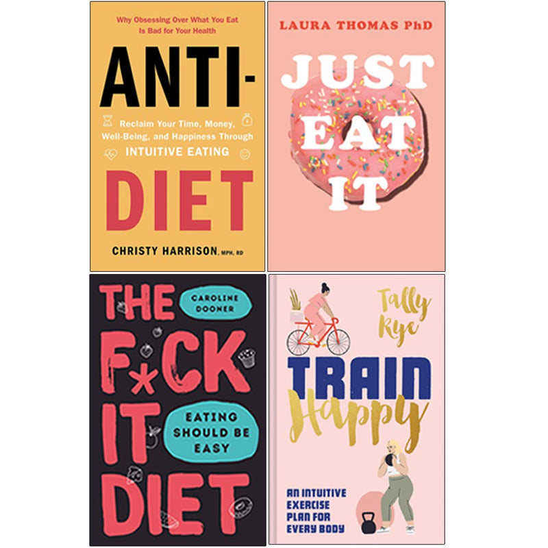 Collection of four non-fiction books by Christy Harrison and Laura Thomas on intuitive eating and dieting, with colorful covers.