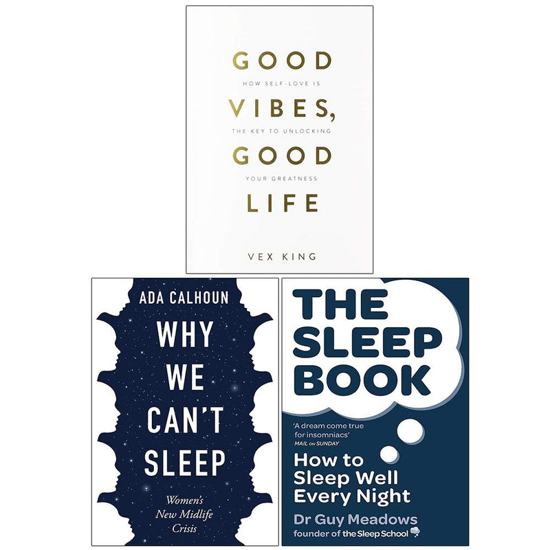 Collection of three paperback non-fiction books by Vex King, Ada Calhoun, and Dr. Guy Meadows on sleep and well-being, displayed together.
