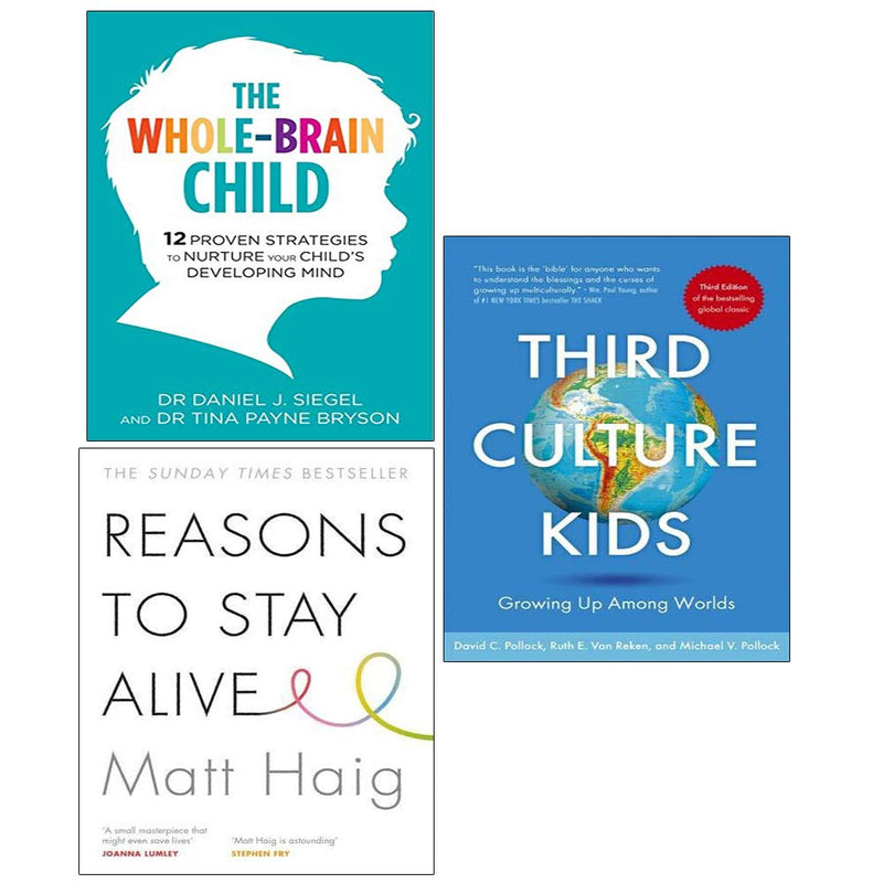 Set of three non-fiction paperback books including The Whole-Brain Child, Reasons to Stay Alive, and Third Culture Kids by Dr. Siegel and Bryson.