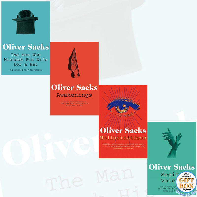 Collection of four paperback books by Oliver Sacks, including The Man Who Mistook His Wife for a Hat, showcasing diverse hallucination case studies.