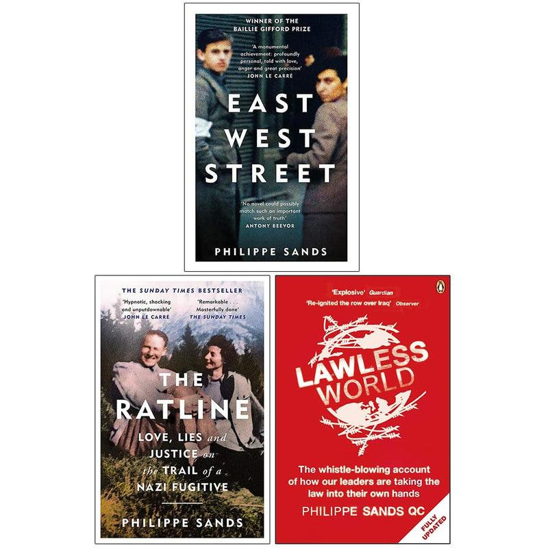 Philippe Sands collection of three books: East West Street, The Ratline, and Lawless World, displayed with covers visible.