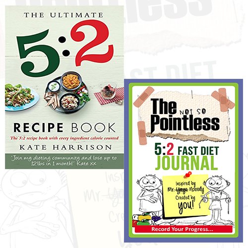 Two paperback diet books from The Book Bundle, The Ultimate 5:2 Diet Recipe Journal and Not So Pointless 5:2 Fast Diet, featuring covers and pages.