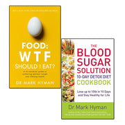 Two paperback books from the WTF Should I Eat? and Blood Sugar Solution 10-Day Detox Diet Cookbook set by Mark Hyman, yellow cover design.