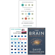 Three paperback non-fiction books from the NeuroTribes collection by Jo Marchant, Steve Silberman, and David Eagleman, about the brain.