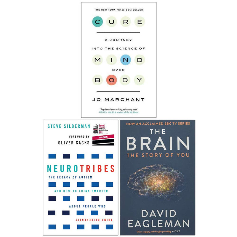 Three paperback non-fiction books from the NeuroTribes collection by Jo Marchant, Steve Silberman, and David Eagleman, about the brain.