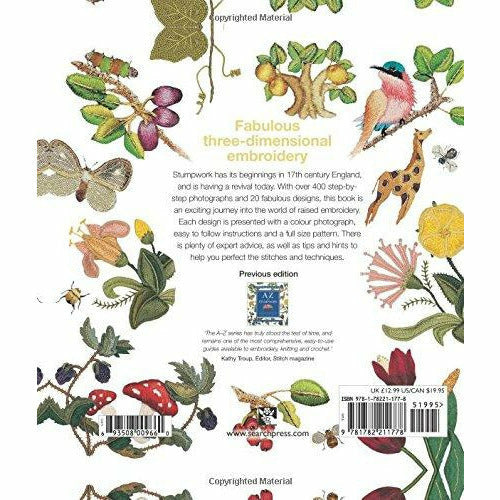Paperback book titled "Search Press Classics: A-Z Of Stumpwork" by Country Bumpkin Publications, featuring needlecraft embroidery techniques.