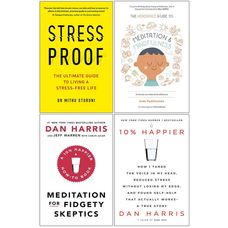 Set of four paperback books on meditation and mindfulness by Mithu Storoni, Andy Puddicombe, and Dan Harris, from Yellow Kite.