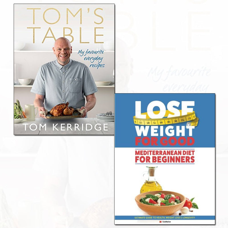 Tom Kerridge's Lose Weight for Good Mediterranean book set by Absolute Press and Iota Publishing, featuring healthy recipes and cooking tips.