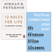 Collection of two paperback books by Jordan Peterson and Stephen Fry, featuring "12 Rules for Life" and "Political Correctness Gone Mad."