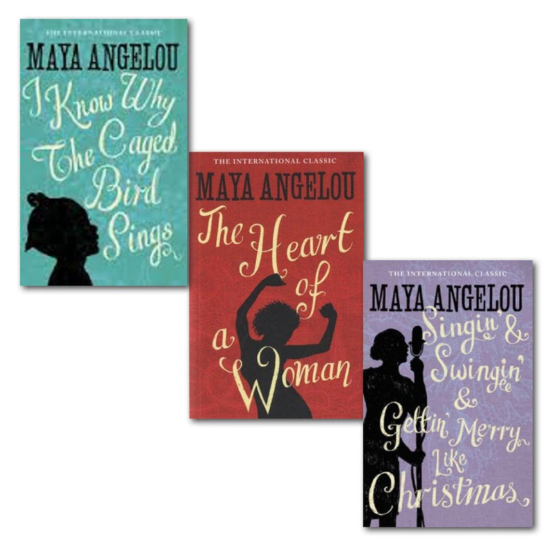 Woman Classics Collection three paperback books by Maya Angelou, featuring her non-fiction works in a Virago edition.