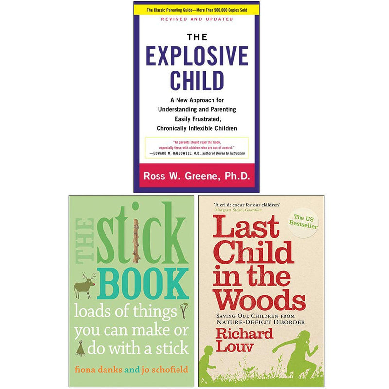 Collection of three nonfiction paperback books by Ross W Greene, Jo Schofield, Fiona Danks, and Richard Louv on child behavior and nature.