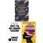 Set of three paperback fiction books by Chimamanda Ngozi Adichie, including Americanah, Girl, Woman, Other, and Why I'm No Longer Talking About Race.