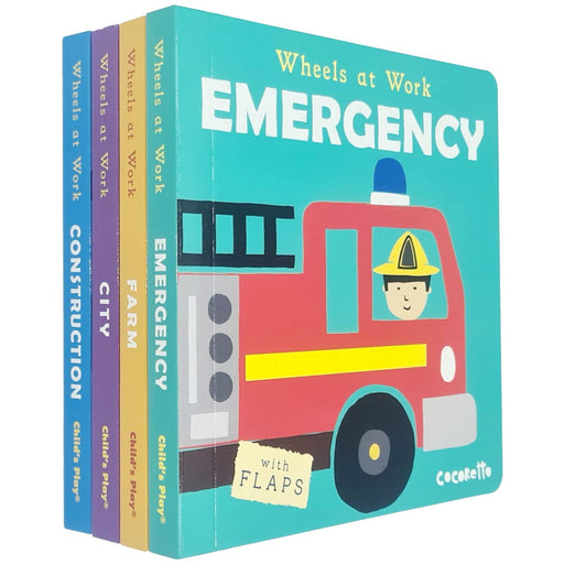 Wheels at Work Series Collection 4 Books Set By Child's Play (Construction, City, Farm, Emergency) - The Book Bundle