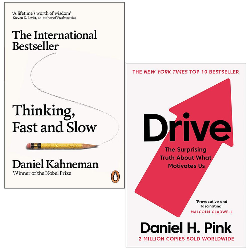 Two paperback non-fiction books, "Thinking, Fast and Slow" by Daniel Kahneman and "Drive" by Daniel Pink, from Penguin/John Murray Learning.