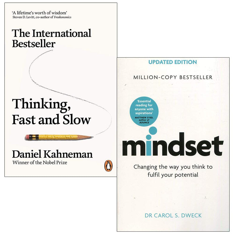 Thinking, Fast and Slow book set by Daniel Kahneman and Rob Moore, featuring two paperback non-fiction books on mindsets.