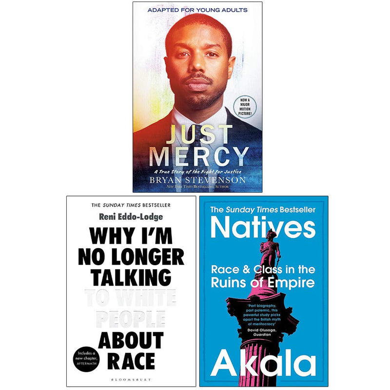 Three paperback nonfiction books including "Just Mercy" and works by Reni Eddo-Lodge, Waite, and Akala, shown together in a collection set.