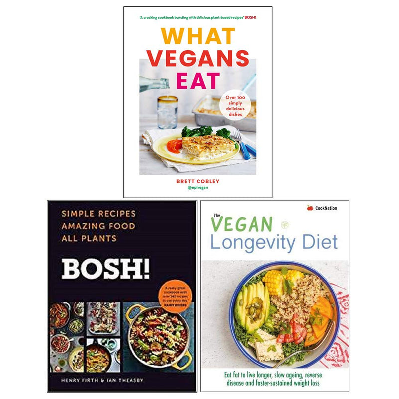 Set of three vegan recipe books by Bosh!, featuring colorful food photos and plant-based meal ideas from Brett Cobley, Ian Theasby, and Henry Firth.