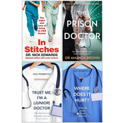 Set of four paperback books from the In Stitches & The Prison Doctor collection by Nick Edwards and Max Pemberton, featuring non-fiction topics.