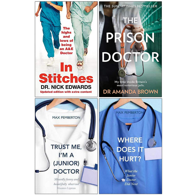 Set of four paperback books from the In Stitches & The Prison Doctor collection by Nick Edwards and Max Pemberton, featuring non-fiction topics.