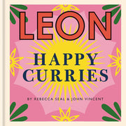 Hardcover set of Leon Happy Curries and Happy Soups cookbooks by John Vincent and Rebecca Seal, featuring colorful recipe pages.