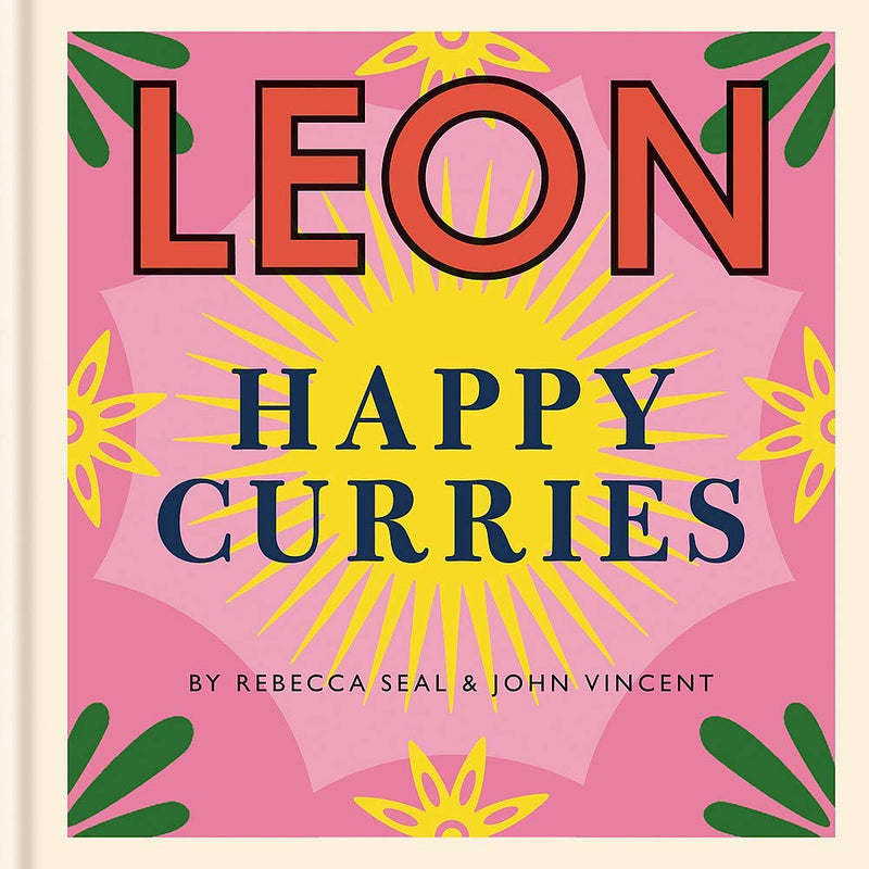 Hardcover set of Leon Happy Curries and Happy Soups cookbooks by John Vincent and Rebecca Seal, featuring colorful recipe pages.
