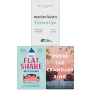 Collection of fiction books including "Where the Crawdads Sing," "The Flatshare," and "Grown Ups 3" by Marian Keyes, Beth O'Leary, and Delia Owens