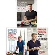 Gordon Ramsay 3-book collection including Ultimate Fit Food, Home Cooking, and Quick & Delicious hardcover cookbooks.