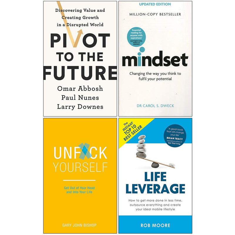 Collection of four non-fiction books including "Pivot To The Future" by Omar Abbosh, Paul Nunes, and Larry Downes, with colorful covers.